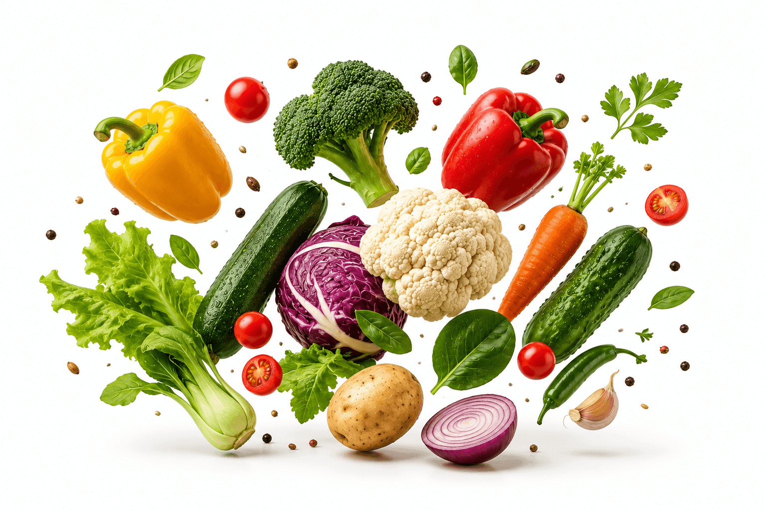 Fresh vegetables: peppers, broccoli, cauliflower, carrots and greens