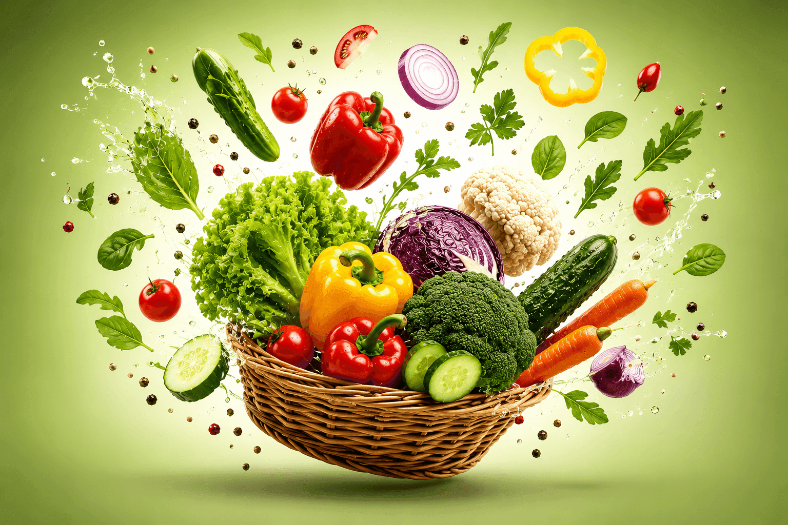 Vegetable basket bursting with fresh produce